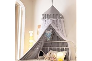 Akiky Large Dome Bed Canopy for Kids Room Double Layer Mosquito Net with Led Lights for Kids Room Hanging Play Tent Children Reading Nook Pompom Canopies (Gray)