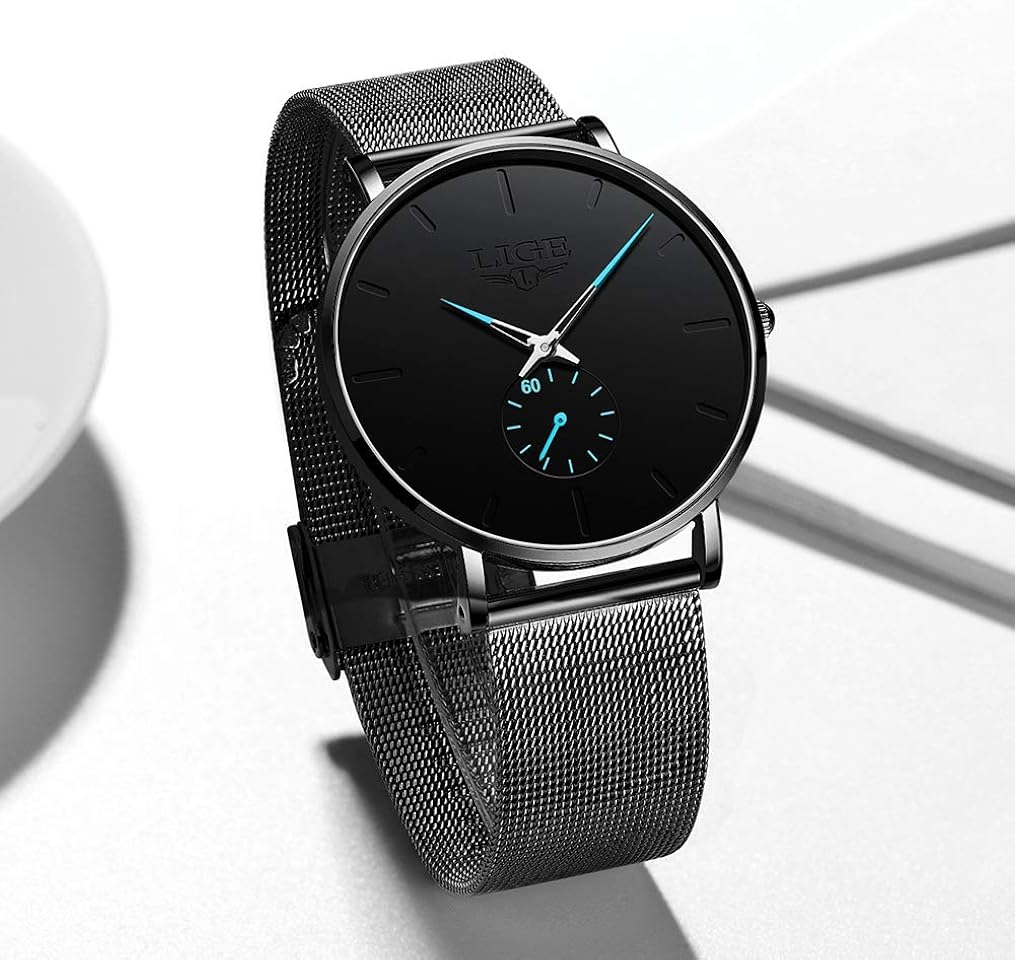 LIGE Men's Watch Ultra-Thin Analog Quartz Waterproof Unisex Watch Fashion Minimalist Black Simple Slim Dress Stainless Steel Mesh Gents Wrist Watches - Image 5
