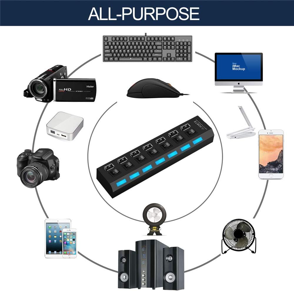 7 Port USB Hub with Individual LED Power Switches,7 Port USB2.0 Date hub high Speed up to 5Gbps Compatible with PC Laptop and Other Devices …: Computers & Accessories