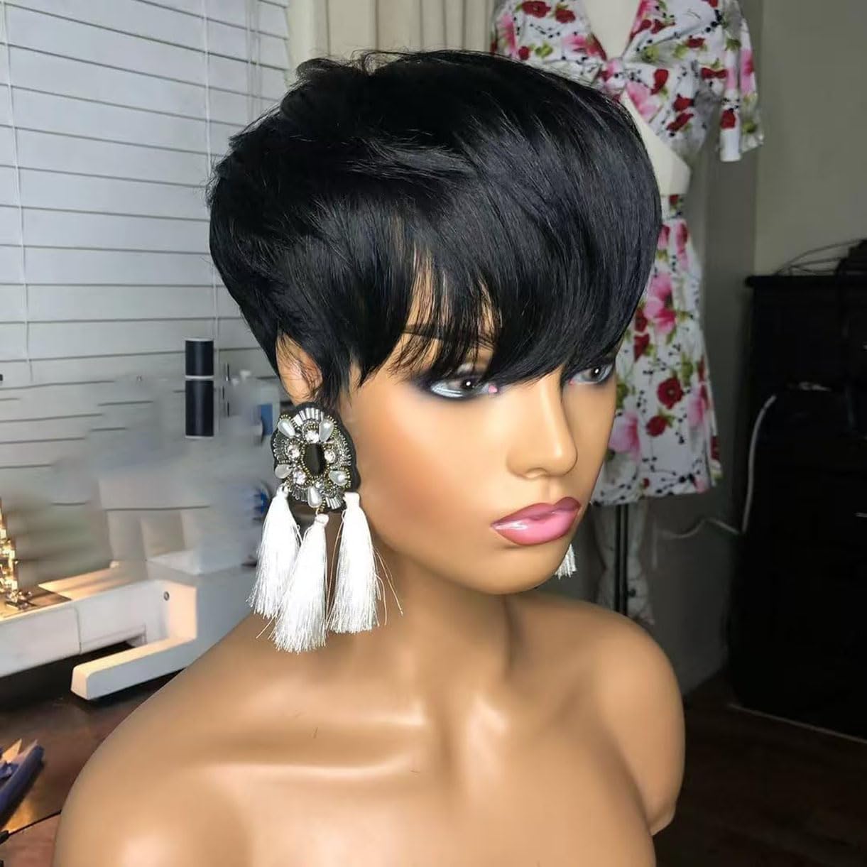 Photo 1 of Tgezer Pixie Wigs for Black Women Short Pixie Cut Wig Human Hair Short Glueless Layered Wigs Straight Full Machine Made Wig Wear and Go Black Color