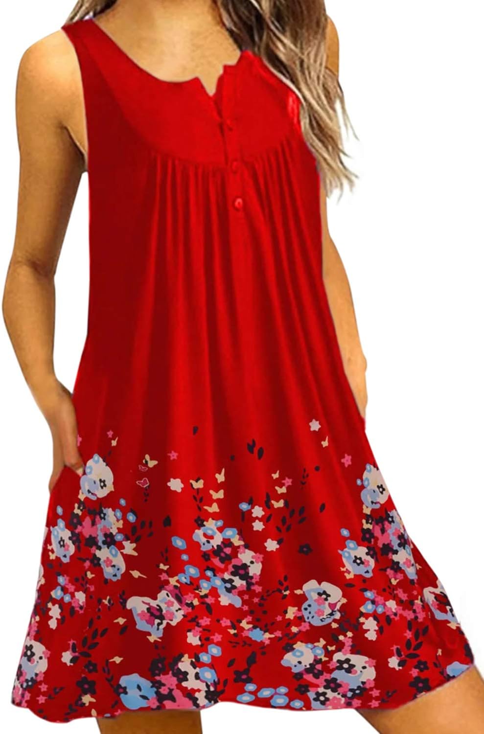 Womens Summer Casual Beach Dress Buttons Crew Neck Tank Tunic Shirt Dresses with Pocket