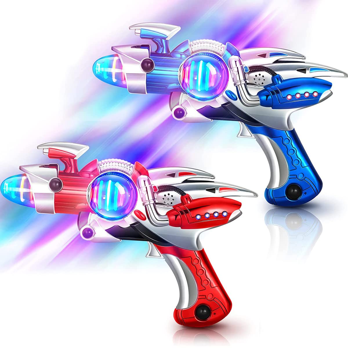 Photo 1 of 2 Pack Electric Toy Space Guns, Red & Blue Space Ranger Blaster Pistols for Kids Pretend Play with Flashing LED Lights and Blasting Laser FX Sound Effects
