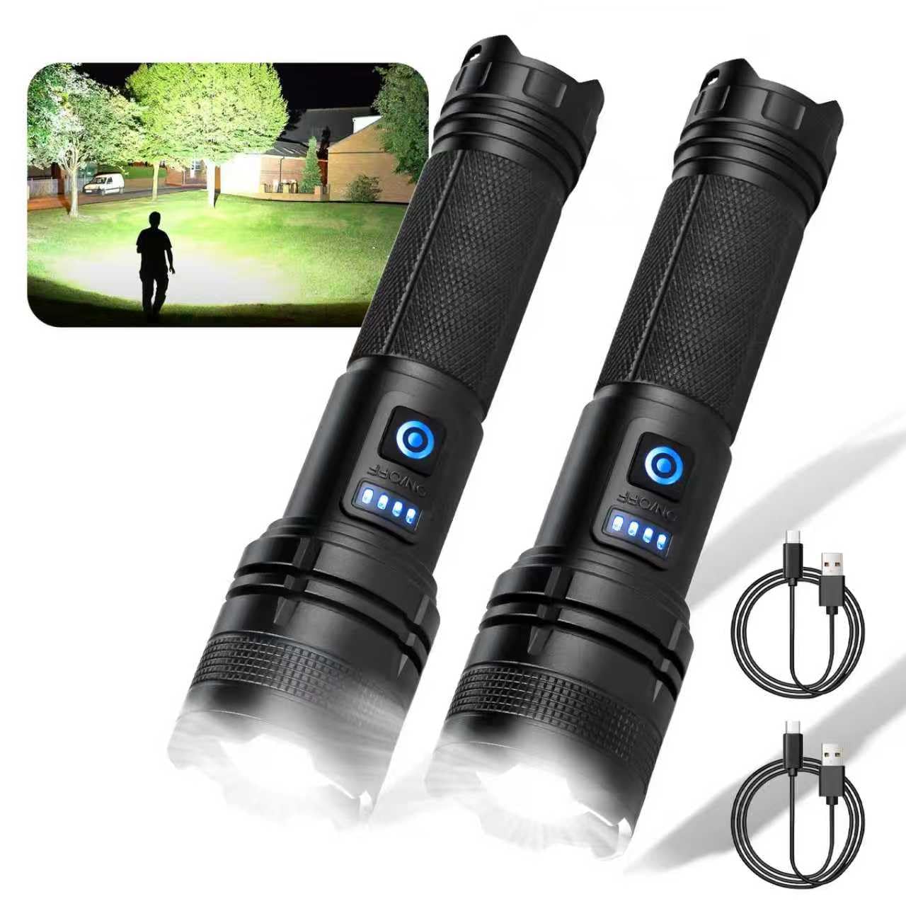 Photo 1 of THY TRY Rechargeable LED Flashlight 2-Pack, 90000 High Lumens Super Bright Handheld Flashlights, 5 Modes & Adjustable Focus, High Powered Handheld Flashlight for Home Camping Outdoor Night Work