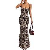 GORGLITTER Women's Leopard Print Dress Ruched Backless Sleeveless Fishtail Bodycon Long Dresses
