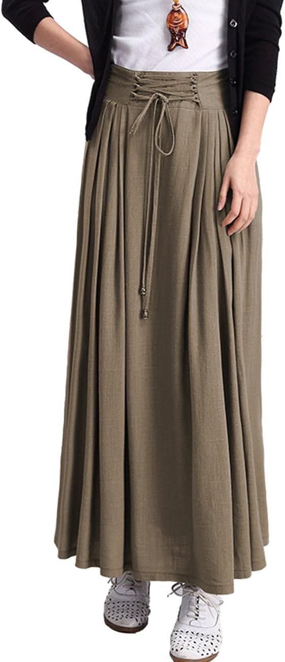 Femirah Women's Cotton and Linen Maxi Skirt 6 Colors (Light Khaki)