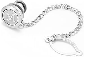 Dannyshi Mens tie pins with Chain Round Silver Wedding Business Initials A-Z tie Clip Gift