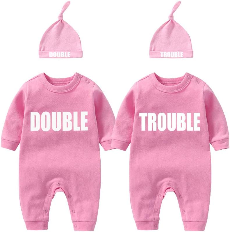 YSCULBUTOLculbutomind Baby Twins Bodysuits Double Trouble Newborn Unisex Baby Romper Cute Outfit With Hat(Pink BT 9M)