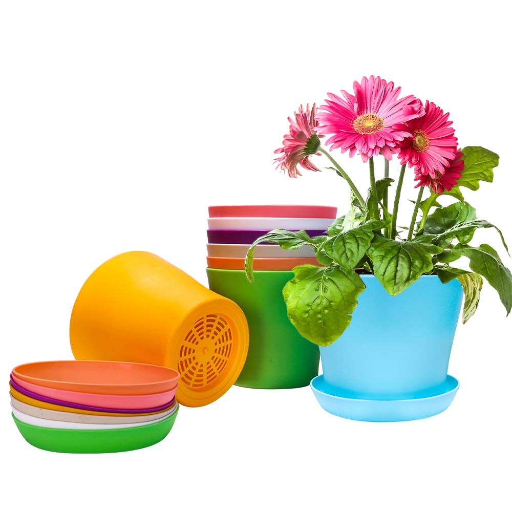 Happybase Plastic Plant Pots, 8 Pack 5.5 Inch Plastic Planters Flower Plant Pots Seedlings Nursery Pot Indoor Colorful Flower Plant Container Seed Starting Pots with Drainage and Saucer (8 Colors