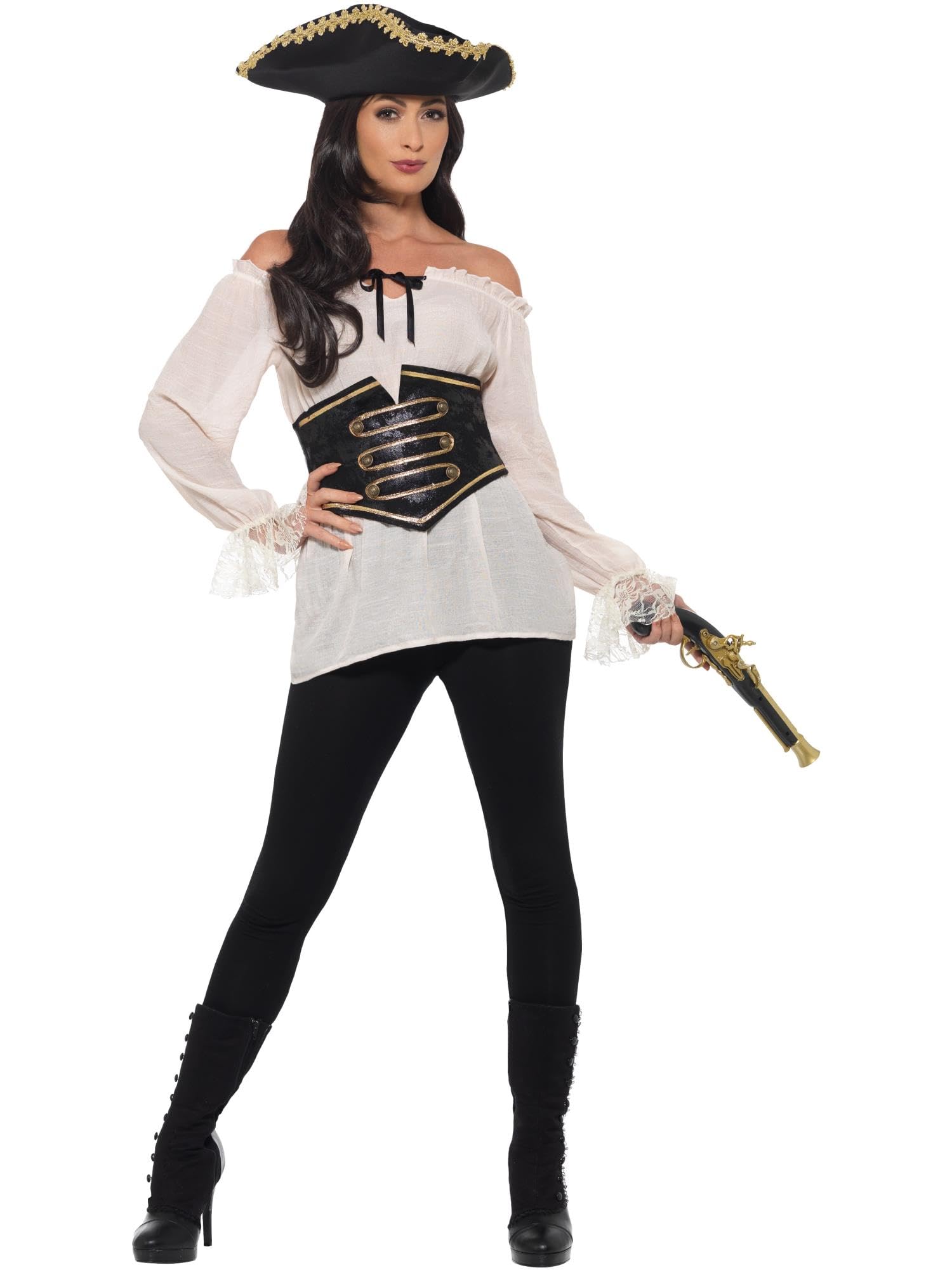 Smiffys Deluxe Pirate Shirt, Ladies, Ivory with Lace Up Waist Cincher, Pirate Fancy Dress, Pirate Dress Up Accessories