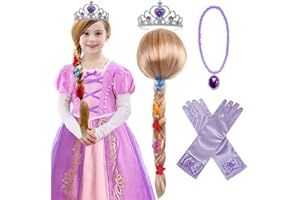 YOSBABE Princess Rapunzel Wig Rapunzel Braid with Princess Tiara Necklace Gloves Princess Rapunzel Dress Up Costume Cosplay Accessories for Kids Girls