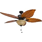 Honeywell Ceiling Fans Sabal Palm, 52 Inch Tropical LED Ceiling Fan with Light, Pull Chain, Dual Mounting Options, Hand Carve
