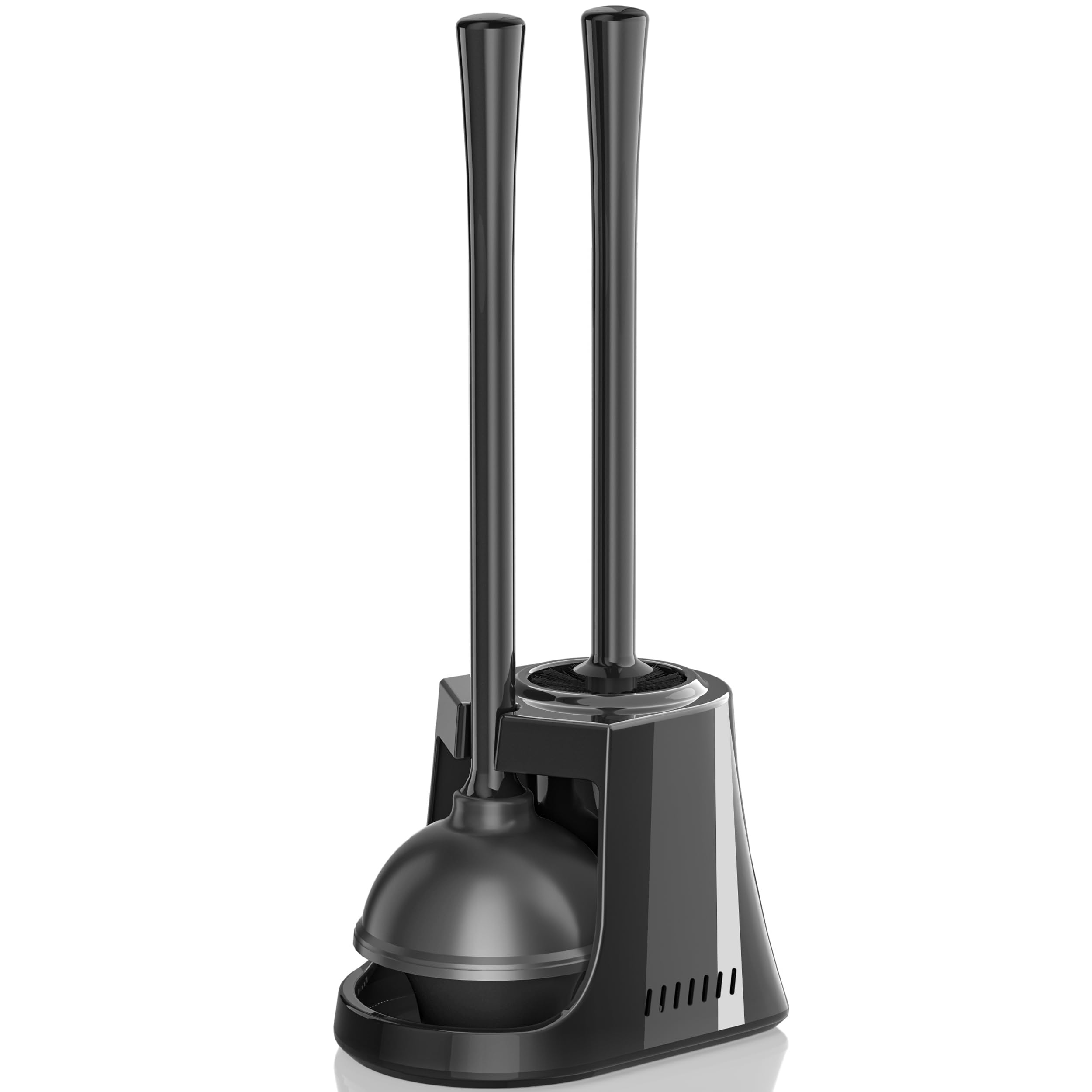 LOVLOY Toilet Plunger and Brush with Holder, Bowl Brush and Heavy Duty Toilet Plunger Set with Ventilated Holder, 2-in-1 Toilet Brush and Plunger Combo for 5.3-inch Toilet Drain New Pack (Black, 1)