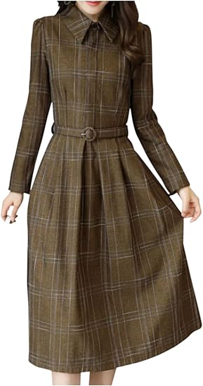 Amazon Co Jp ネコート ワンピース チェック Aライン ブラックウォッチ スリムフィット ベルト きれいめ フェミニン ウェスト 柄 細身 スカート ワンピ ナチュラル チュニック 長袖 カジュアル シンプル 秋 冬 シルエット 着痩せ お洒落 大人 長そで 春 秋冬 アキフユ