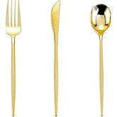 PULOTE 150PCS Gold Plastic Silverware Disposable - Heavy Duty Gold Plastic Cutlery - Gold Plastic Utensils Set Include 50 Knives,50 Forks,50 Spoons for Party&Wedding