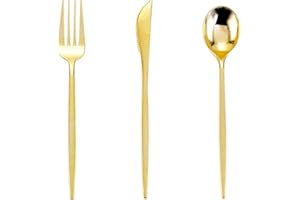 PULOTE 150PCS Thanksgiving Gold Plastic Silverware Disposable - Heavy Duty Gold Plastic Cutlery - Gold Plastic Utensils Set Include 50 Knives,50 Forks,50 Spoons for Party&Wedding
