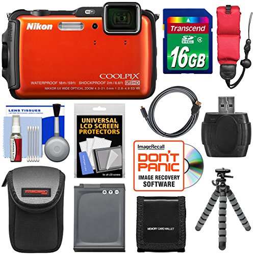 Nikon Coolpix AW110 Shock & Waterproof GPS Digital Camera (Orange) - Factory Refurbished with 16GB Card + Battery + Case + Float Strap + HDMI Cable + Flex Tripod + Accessory Kit