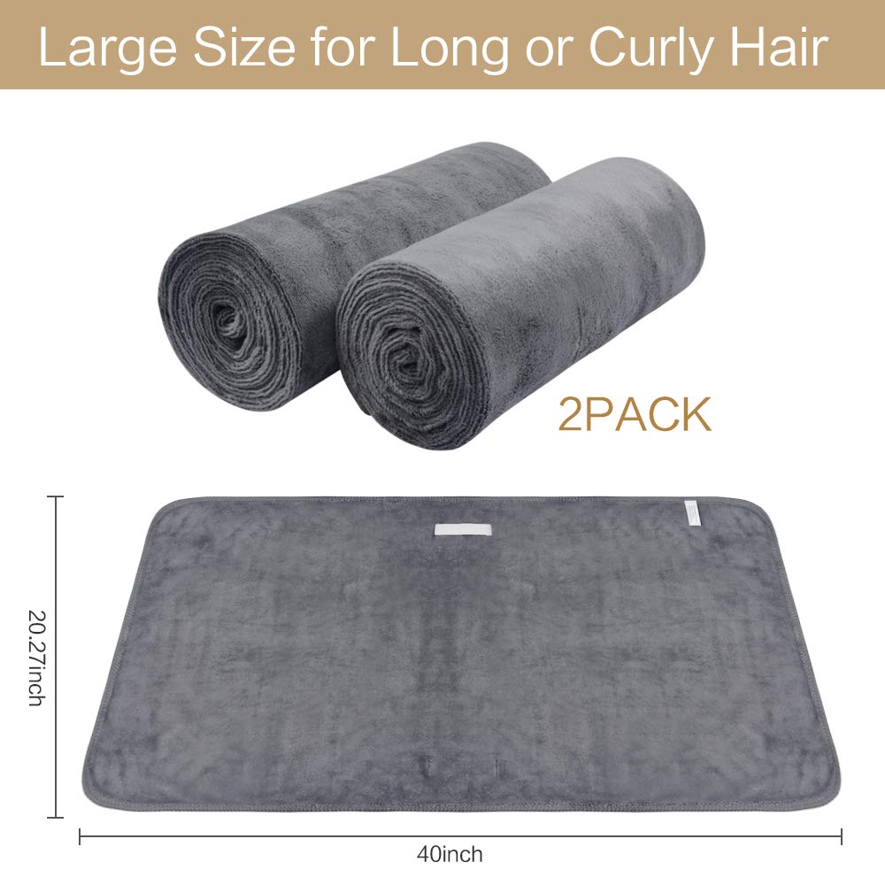 SUNLAND Microfiber Hair Drying Towel 2 Pack Super Absorbent Quick Dry Magic Hair Turban for Drying Long Hair Soft and Large 20 inch X 40 inch Grey: Home & Kitchen