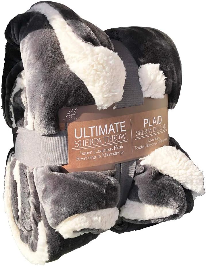 Life Comfort Ultimate Plaid Sherpa Throw Deluxe Reversable Luxury Gift 152cm X 177cm Grey Amazon Co Uk Kitchen Home