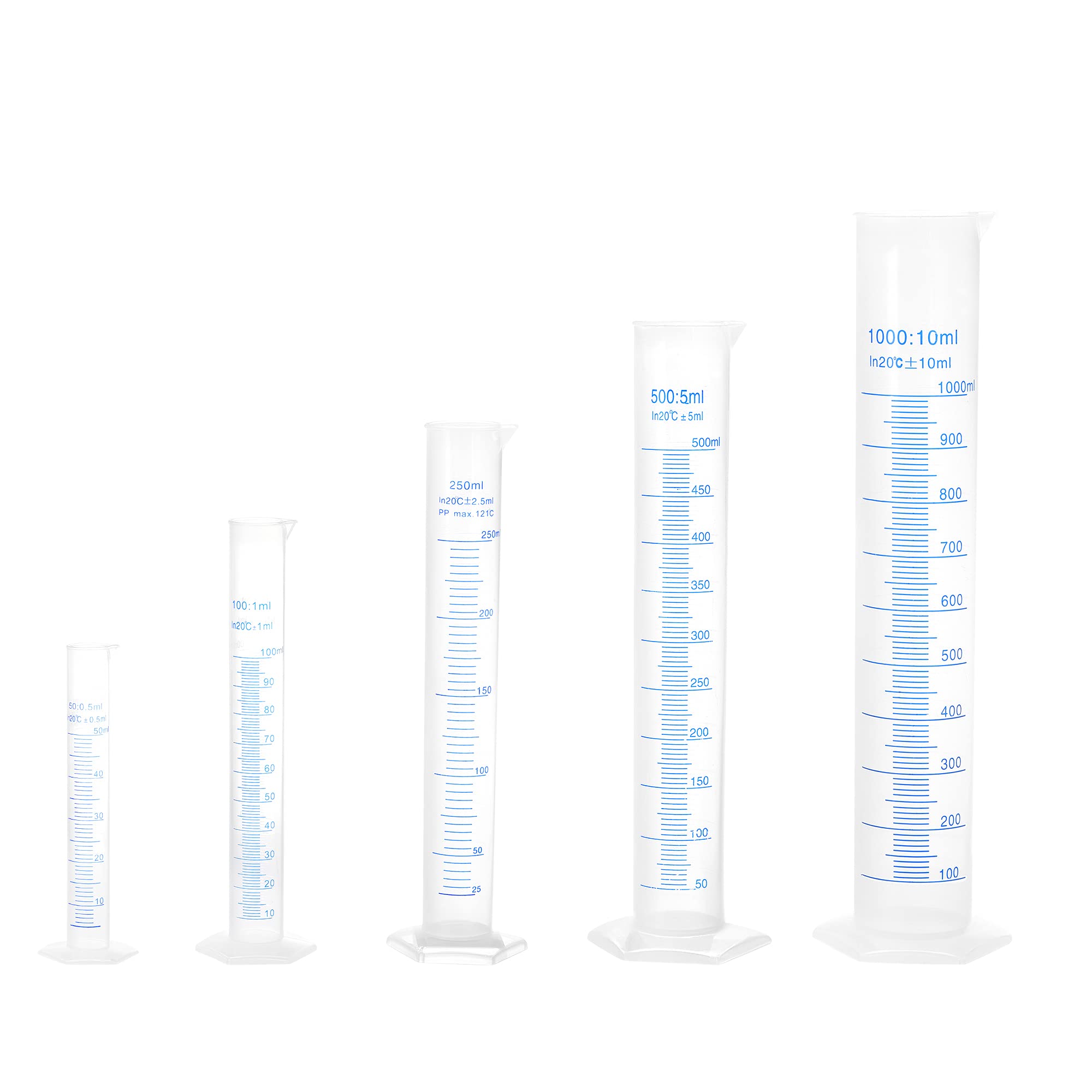 sourcing map Plastic Graduated Cylinder, 50ml 100ml 250ml 500ml 1000ml Measuring Cylinder, Double-Sided Metric Marking, Clear Hex Base, 5 in 1 Set