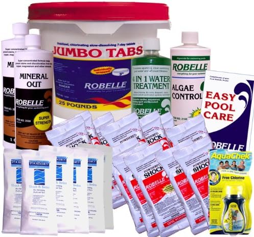 Robelle 3" Chlorine Tablets, Clarifier, Mineral Out, Algaecide, Shock, Clarifier Swimming Pool Chemical Kit For Pools Up To 20,000 Gallons