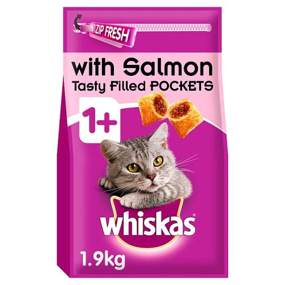 Whiskas 1+ Salmon Pack of 1.9kg Bags, Adult Cat Dry Food