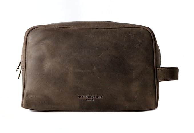 HOLZRICHTER Berlin Großer Leder Kulturbeutel zum Aufhängen - Premium Kulturtasche für Herren und Damen - Dunkelbraun