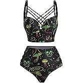 DRESSFO Womens Gothic Retro Skull Rose Mushroom Bikini Set | Gothic skull,rose flower,mushroom print, Beach Bikini,Vintage bikini, Retro Tankini,High Waisted Tummy Control Bathing Suit