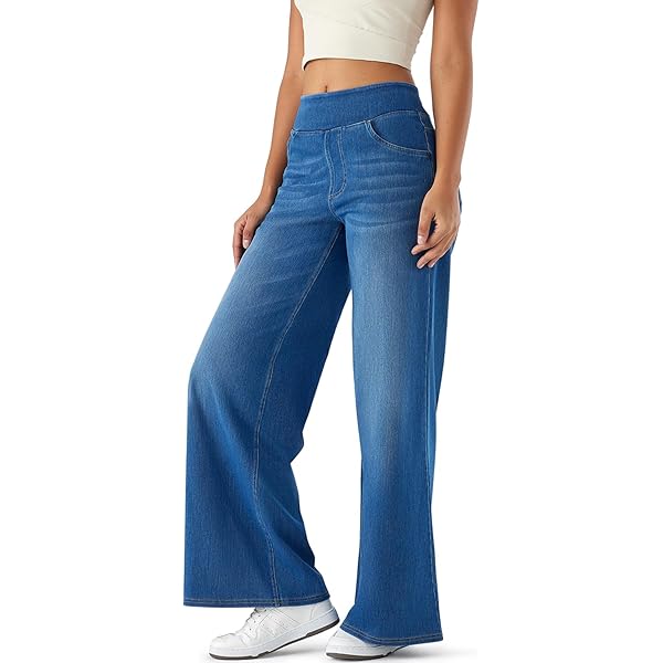 HGps8w Women's Retro Washed Wide Leg Jeans, Comfy Elastic High