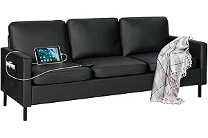 STHOUYN 72" W Faux Leather Black Sofa 3 Seat Couch, Modern Comfy Couch with 2 USB, Small Couches for Living Room Apartment Bedroom Small Spaces, Office(Black (Sofa))