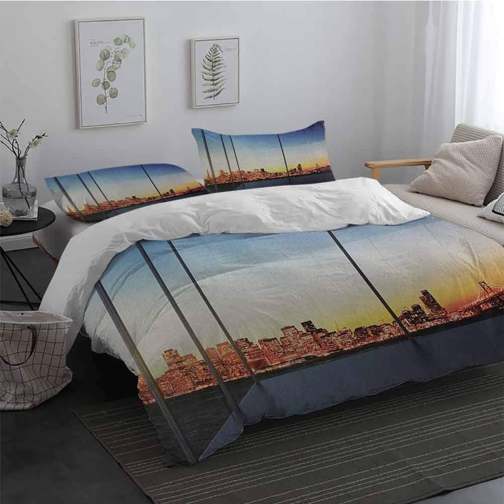 3 Pieces Duvet Cover Set Modern Sunset in New York City USA Cityscape with Bridge Skyscrapers Image Print Bedding Set for Men, Women, Boys and Girls Dark Blue and Orange Twin