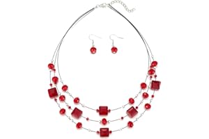 ERRALLY Layered Silver Beaded Necklace for Women Square Crystal Beads Statement Collar Necklace and Earrings Fashion Costumes Jewelry Sets for Women