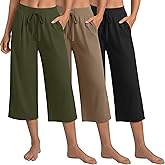 Locoowai 3 Pack Women's Capri Pants, Casual Wide Leg Yoga Pants High Waist Drawstring Cropped Lounge Trousers with Pockets