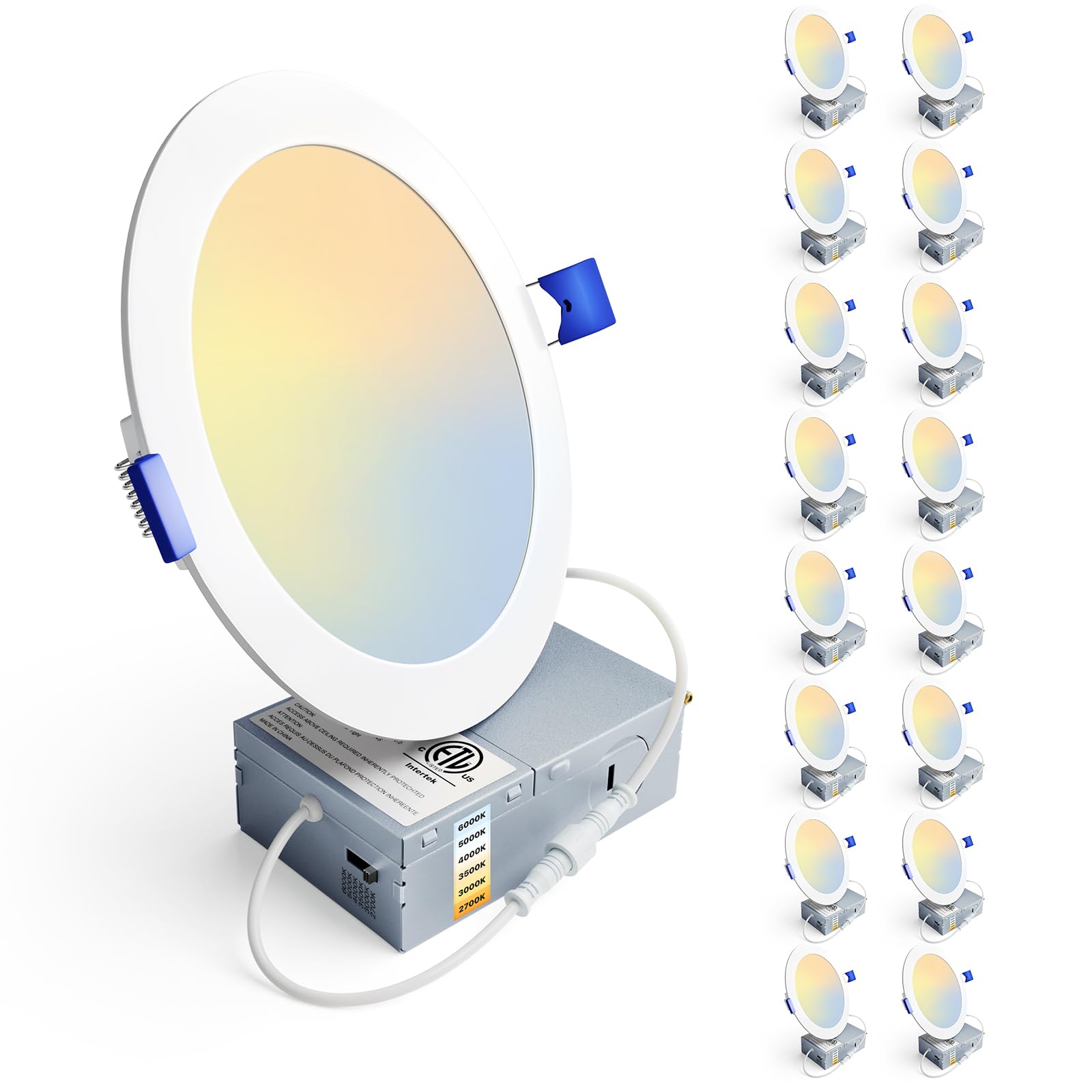 Ensenior 16 Pack Ultra-Thin LED Recessed Lighting 6 Inch 6CCT with Junction Box, 2700K-6000K Selectable, 12W 110W Eqv, Dimmable Can-Killer Downlight, 1050LM High Brightness - ETL