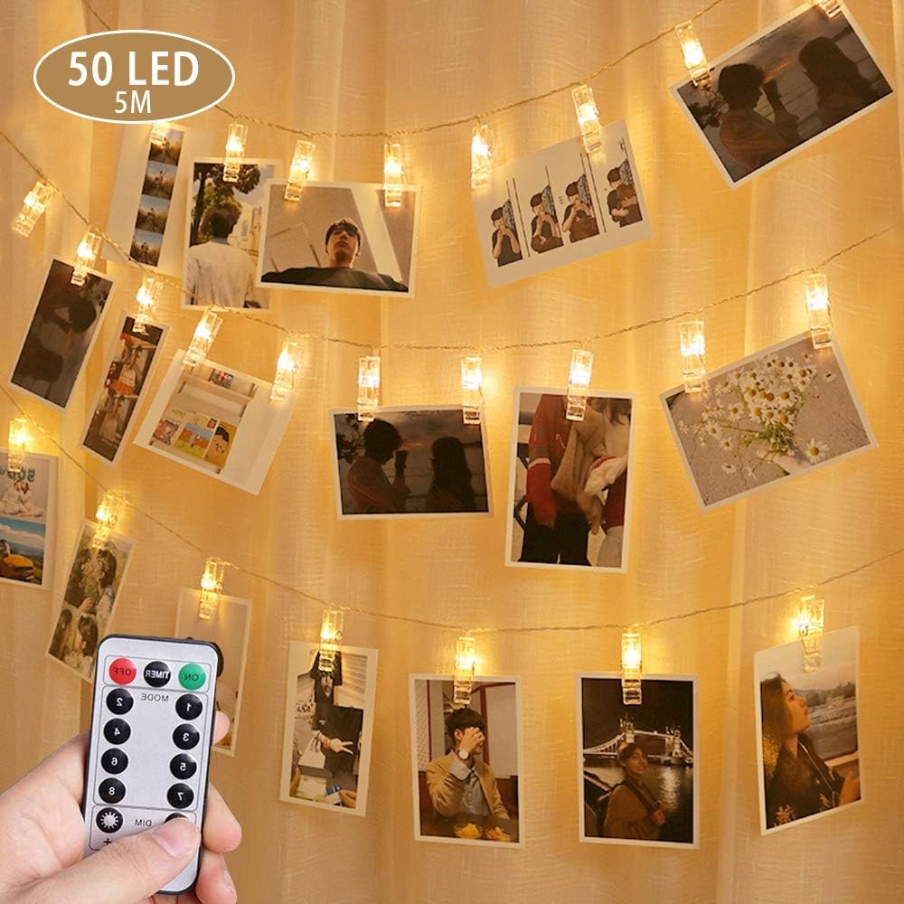 OASMU Dimmable 50 LED Photo Clips String Lights Holder with Remote & Timer FunctionDual Powered Choice 8 Modes Fairy Lights for Hanging Photos Pictures Cards Memos Warm White Decoration Light for