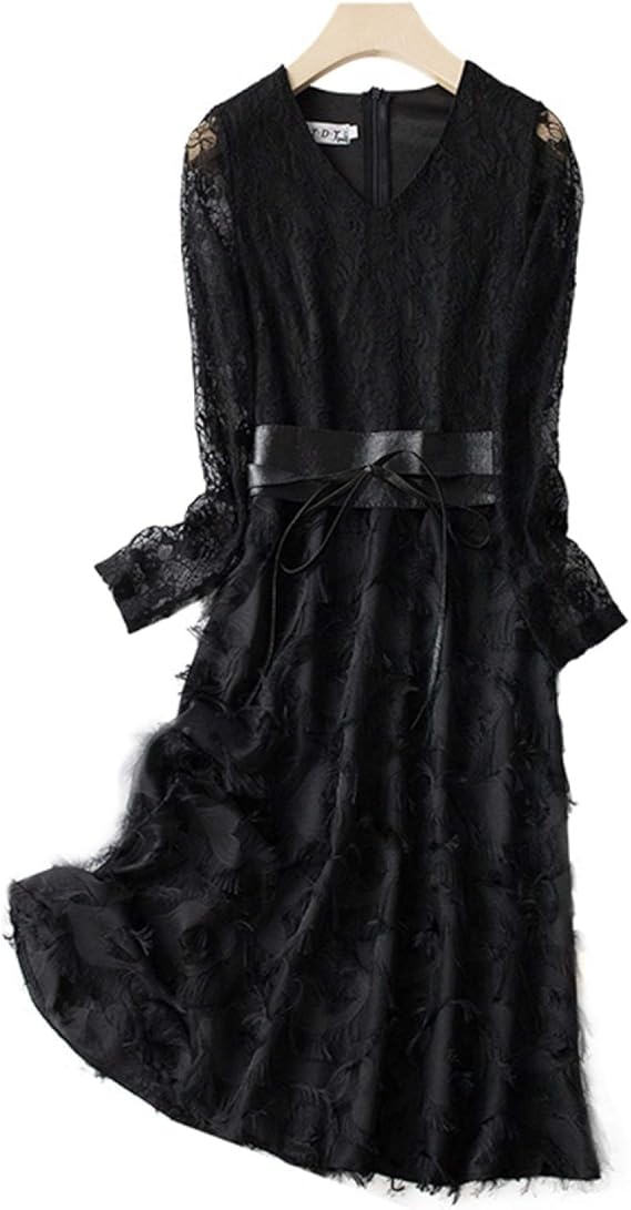 Amazon レース ブラック ワンピース ロングワンピ カジュアル プリーツ 長袖 Vネック ひざ下丈 ロング丈 Xl ミモレ丈 秋 冬 お呼ばれ オフィス きれいめ 体型カバー 通勤 ゆったり 大きいサイズ レディースワンピース ロングワンピース ワンピース チュニック 通販