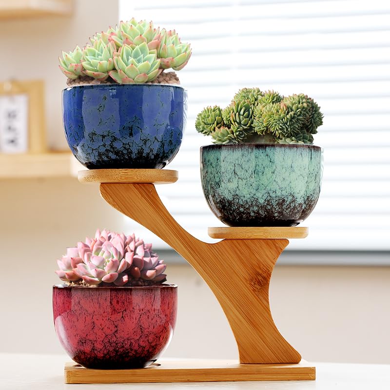 YYW Ceramic Plants Pots 3 Inch Set of 4 Flower Pots with Drainage and ...