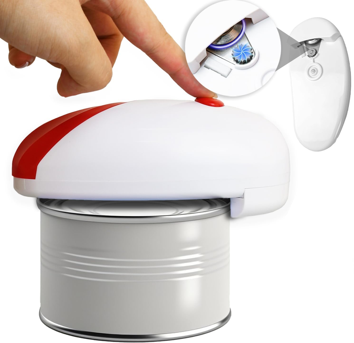 LEQOS Electric Can Opener for Kitchen, One Touch Automatic Can Opener, Electric All Size Can Opener, Hands-Free Battery Operated Can Opener for Seniors, Arthritis, Smooth Edge, Portable Food Safe (Red