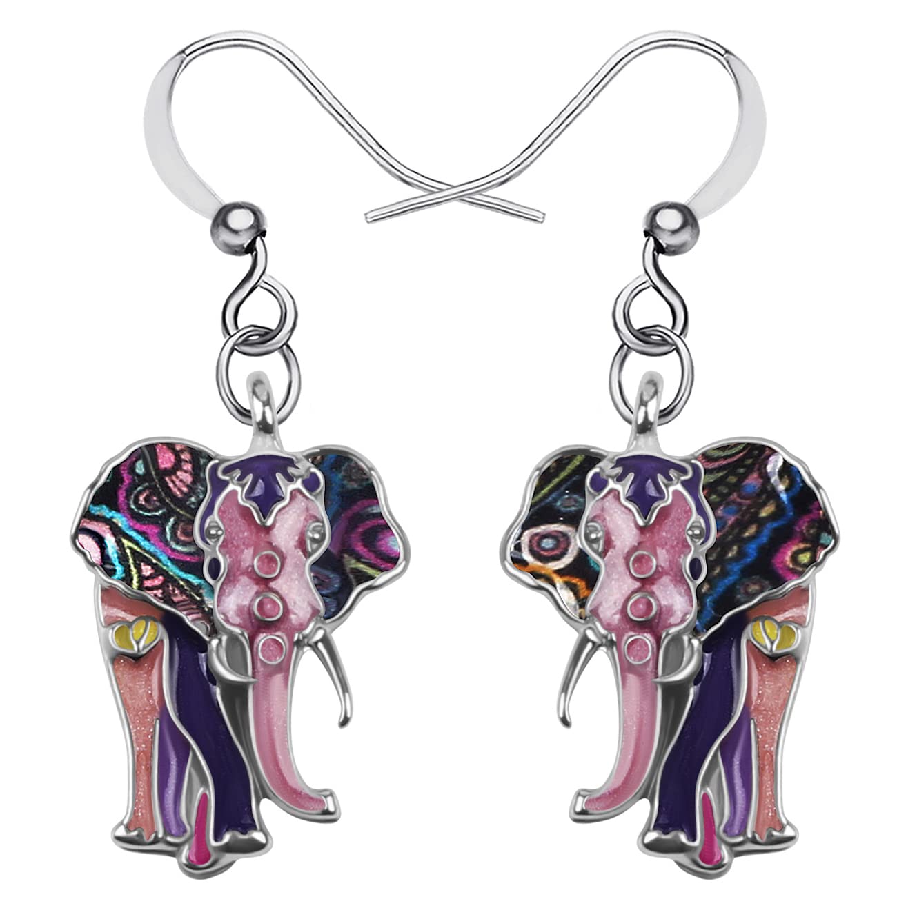 Enamel Alloy Jungle Elephant Earrings Dangle Stud French Clip Fashion Jewelry For Women Girls Charm Gift (Purple)