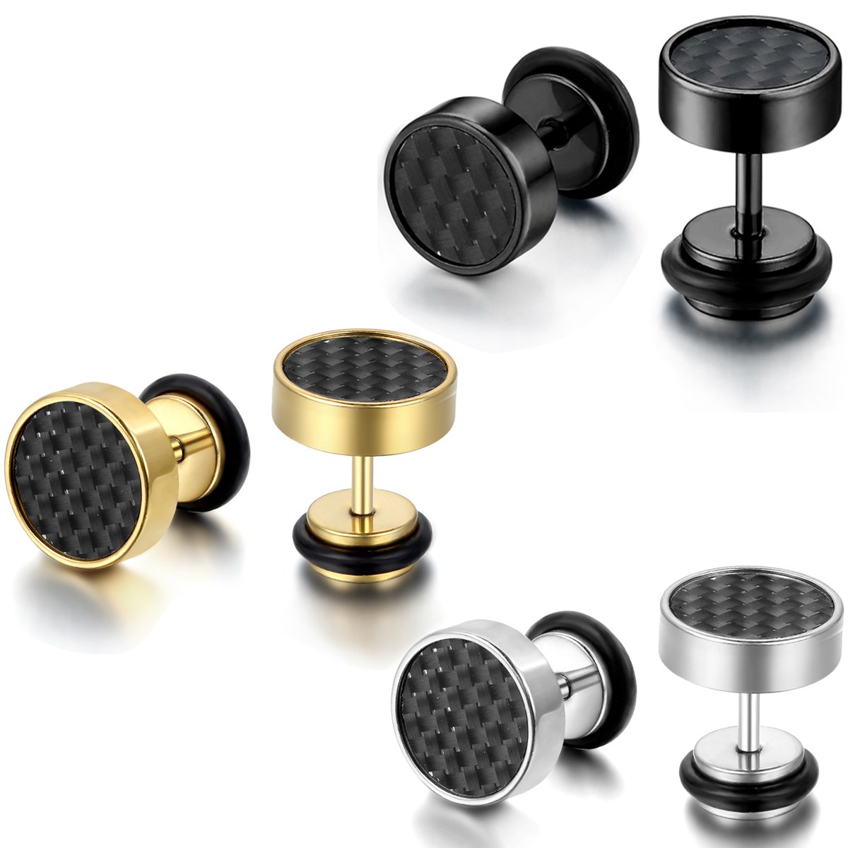 JewelryWe Mens Faux Gauge Earrings: 3Pairs Stainless Steel Ear Studs 8mm Silver Black Tapers Cheater Faux Fake Ear Plugs Gauges Earrings for Men Women