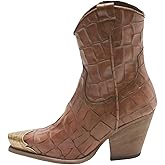 keleimusi Women's Western Cowgirl Ankle Boots Stacked Block Heel Cowboy Booties Steel Toe Heeled Short Cowboy Boots Side Zipper Western Booties