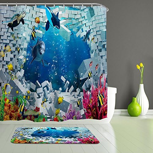 ALFALFA Bathroom Decorative Polyester Fabric Waterproof Mildew Resistant Shower Curtain With Hooks, Ocean Sea Dolphin Animals Theme 60" W x 72" H (150CM x 180CM) - A Broken Wall Dolphin