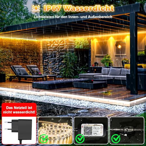 TENDIST 20 m Outdoor LED Strip, LED Strip Outdoor Warm White to Cool White, Waterproof IP67, 24 V LED Strip Light, Dimmable with Remote Control, Light Strips, Self-Adhesive Outdoor for Patio, Gazebo