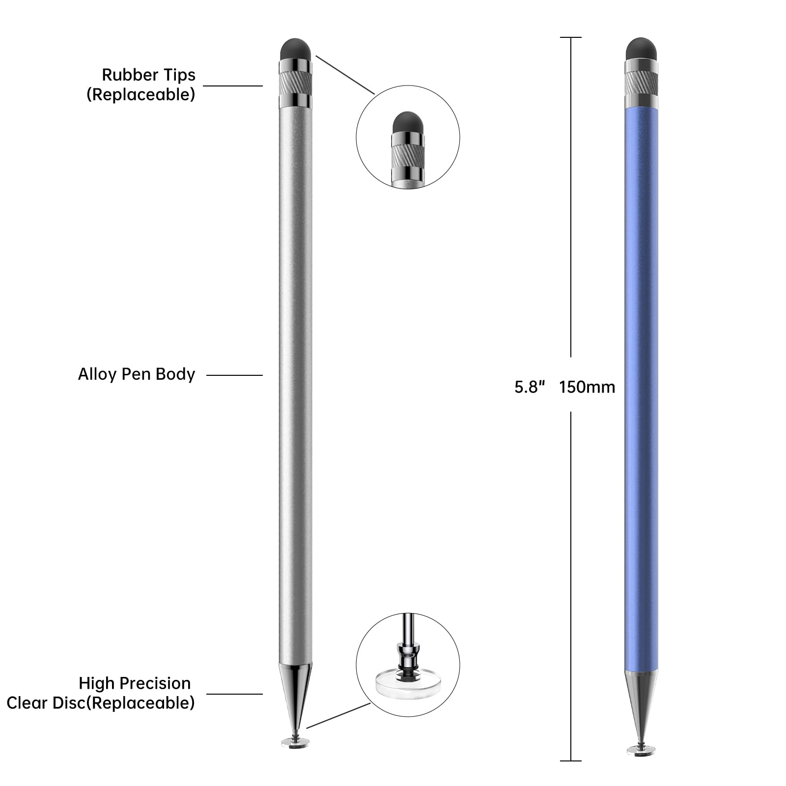 Stylus (5 Pcs), 2-in-1 Stylus Pen for Touch Screen, High Precision and Sensitivity, Suitable for iPhone/ipad/Android Tablets, Compatible with All Touch Screens (Black/White/Blue/Rose Gold/Silver)