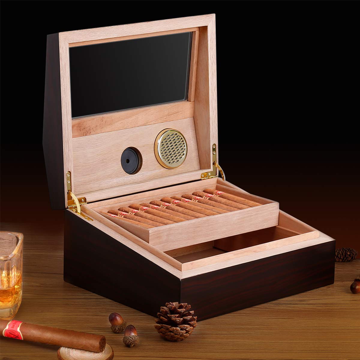 Humidor Cigar Humidor FLOUREO Wooden Luxury Double Moisturizing Cigar Box with Built-in Humidifier and Hygrometer Two-Layer Humidor Holds 50 to 60 Cigars
