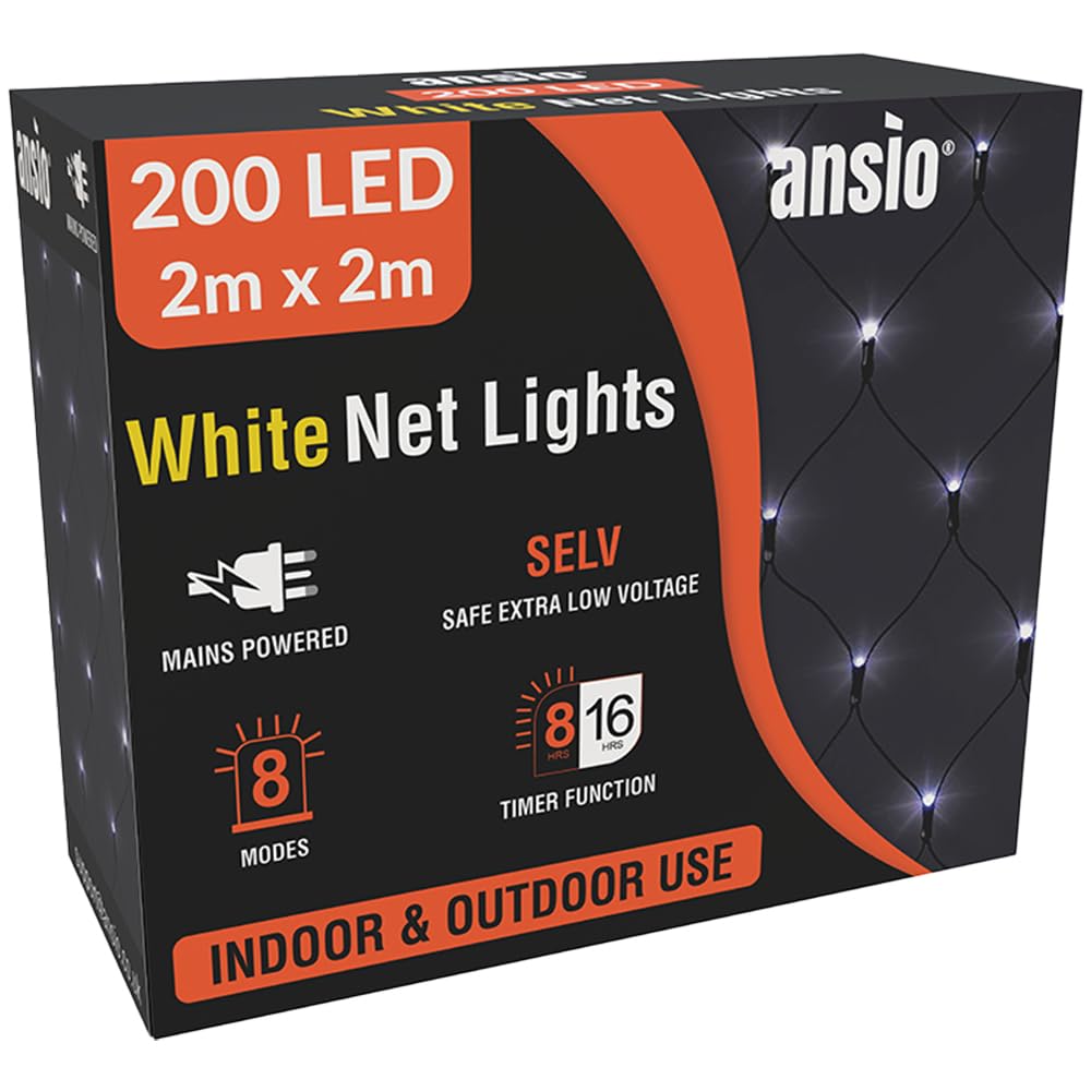 ANSIO® Net Lights Outdoor, 200 LED 2 x 2m Cool White Fairy Christmas Lights with Timer, Mains Powered Mesh for Indoor Outdoor Xmas Trees, Windows, Garden Party Decorations [Energy Class G]