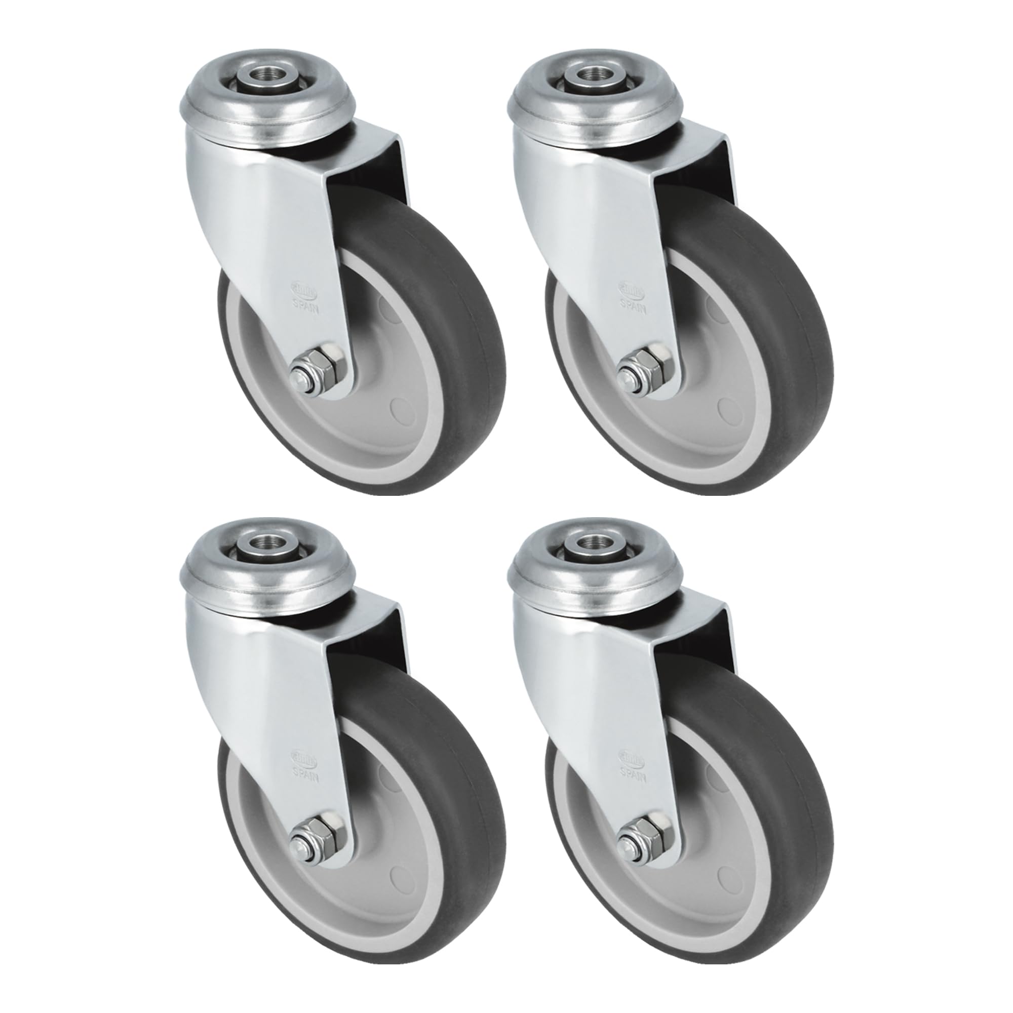 Amig - Set of 4 Wheels | Diameter 100 x 27 mm | Rotating Wheels with Stainless Steel Plate and Hole | Maximum Load 90 kg | for Moving Heavy Furniture | Polypropylene Core | Black Rubber