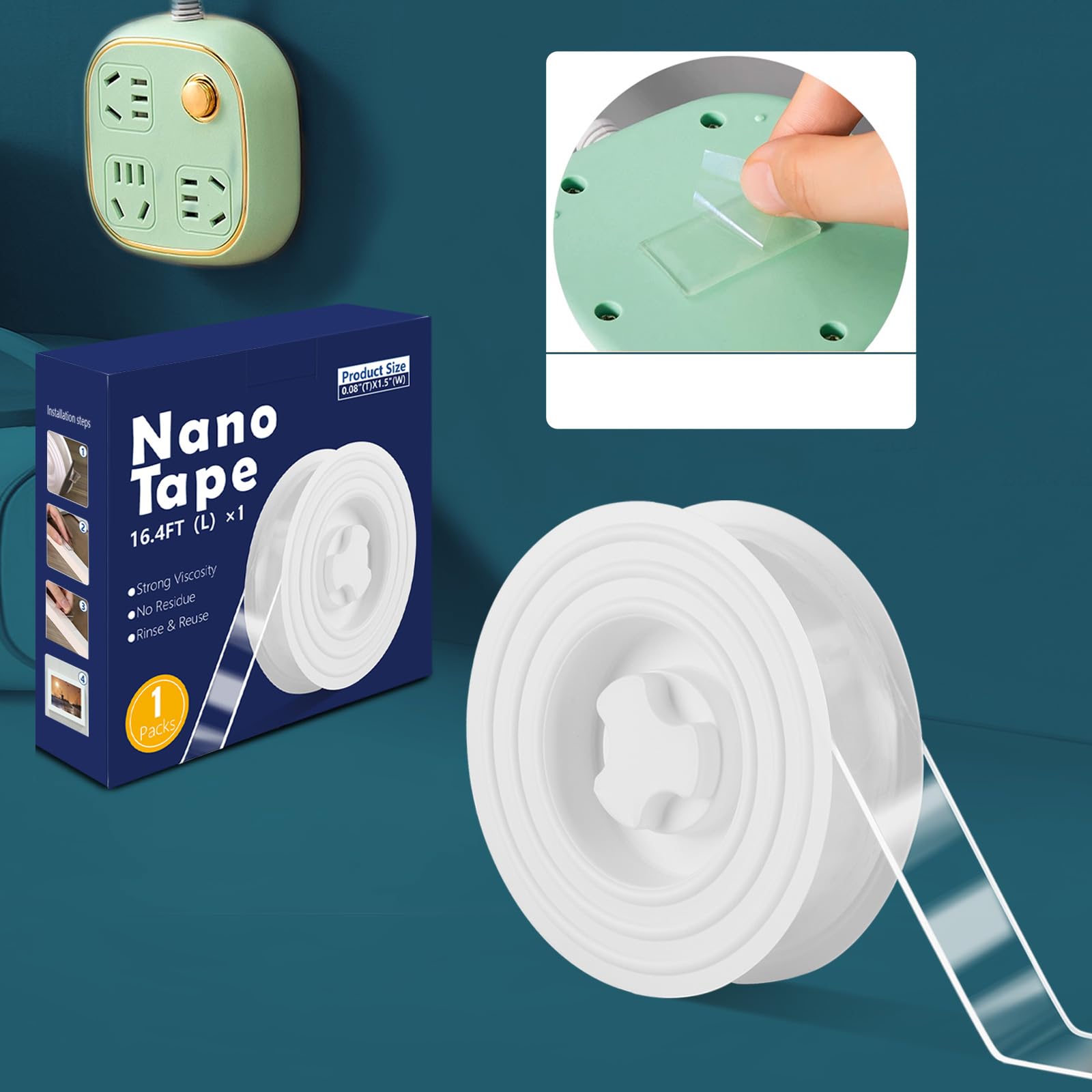 fdalas Double Sided Tape Heavy Duty Nano Tape,Extra Large 1.5In x 16.4 FT Clear Mounting Tape,Strong Grip Picture Hanging Strips,Removable Traceless Two Sided Adhesive Tape,Sticky Poster Carpet Tape