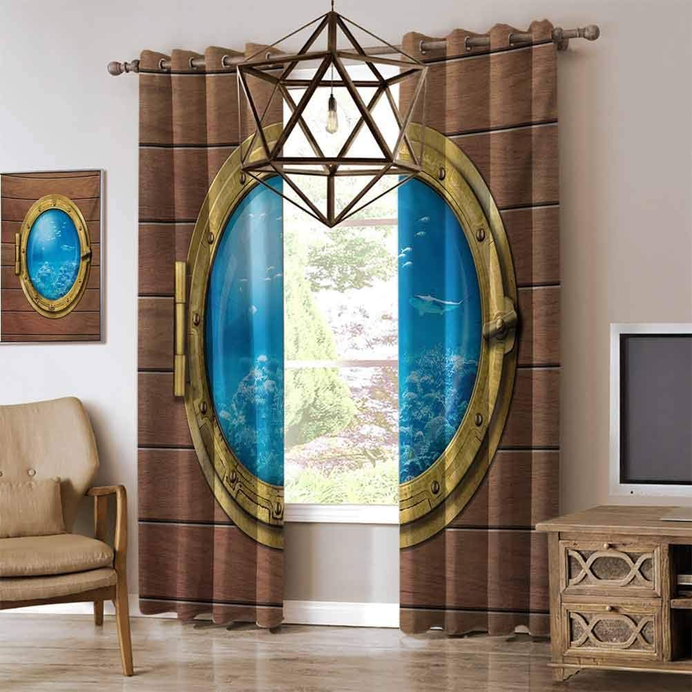 Shark Room Darkening Blackout Curtains Submarine Chamber Window with A View of Coral Reef Swimming Fishes Print Window Treatment Privacy Curtain for Living Room, Pale Caramel Blue Gold W72 x L72 Inch