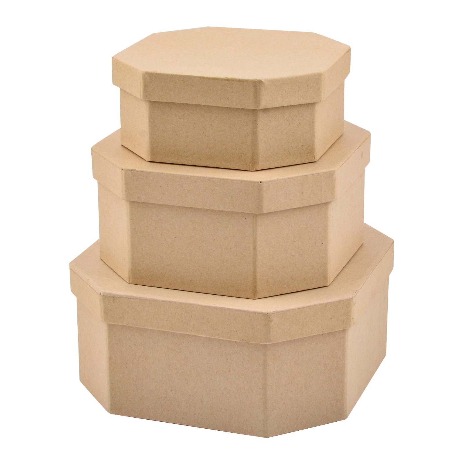 WANDIC Paper Mache Box, Set of 3 Octagon Paper Mache Hat Boxes Kraft Paper Containers With Lids Ideal For Painting Crafting & Storage Accessories Cosmetics Jewelry Gifts