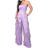 BOKITECAO Womens Cargo Jumpsuit Sexy One Piece Outfit Wide Leg Romper Multi Pockets Overalls